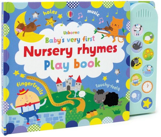 De voorkant van een kinderboek, 'Baby's very first Nursery rhymes Play book', met een kasteel, een kat die viool speelt, een man en een schaapje.