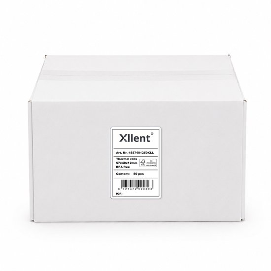 Witte kartonnen doos met label van Xllent, bevat 50 thermische rollen 57x40x12mm, BPA-vrij.