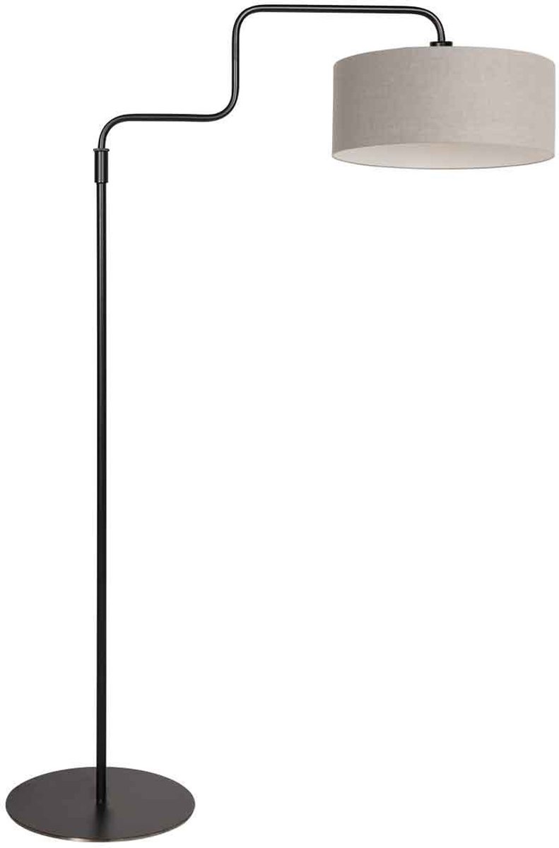 Zwarte Vloerlamp Bloeba 4163ZW van Steinhauer - Verstelbaar van 150-165 cm, Draaibaar en Uitschuifbaar, Metaal en Textiel, Grijze Grof Linnen Kap Ø40cm