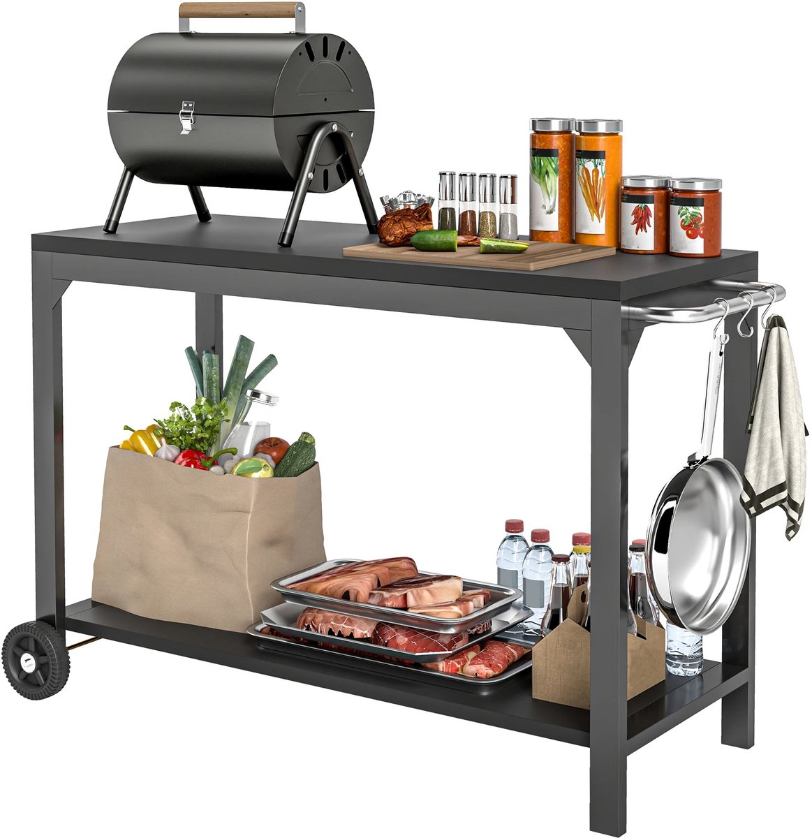 MakkelijkMooi Mobiele BBQ Trolley Zwart - Serveerwagen - Groot Werkblad - Inclusief 3 Handige Haken - 2 Grote Zwenkwielen