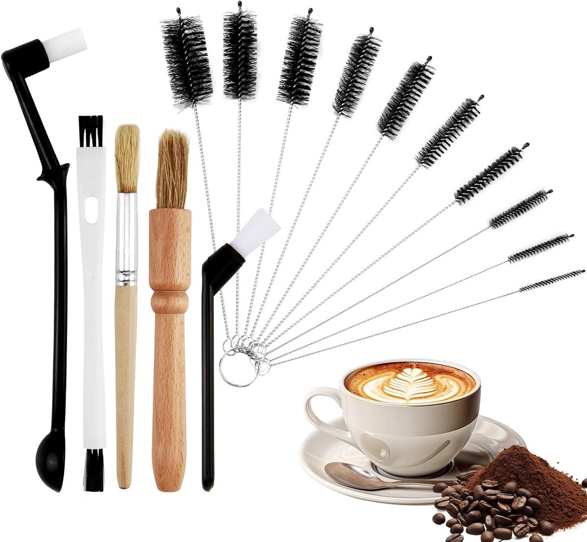 SnelShoppen - Coffee Brushes Set - 15-delige Barista Borstel Set voor Volautomatische Koffiemachines - Houten Handvatten - Diverse Maten en Types - Id