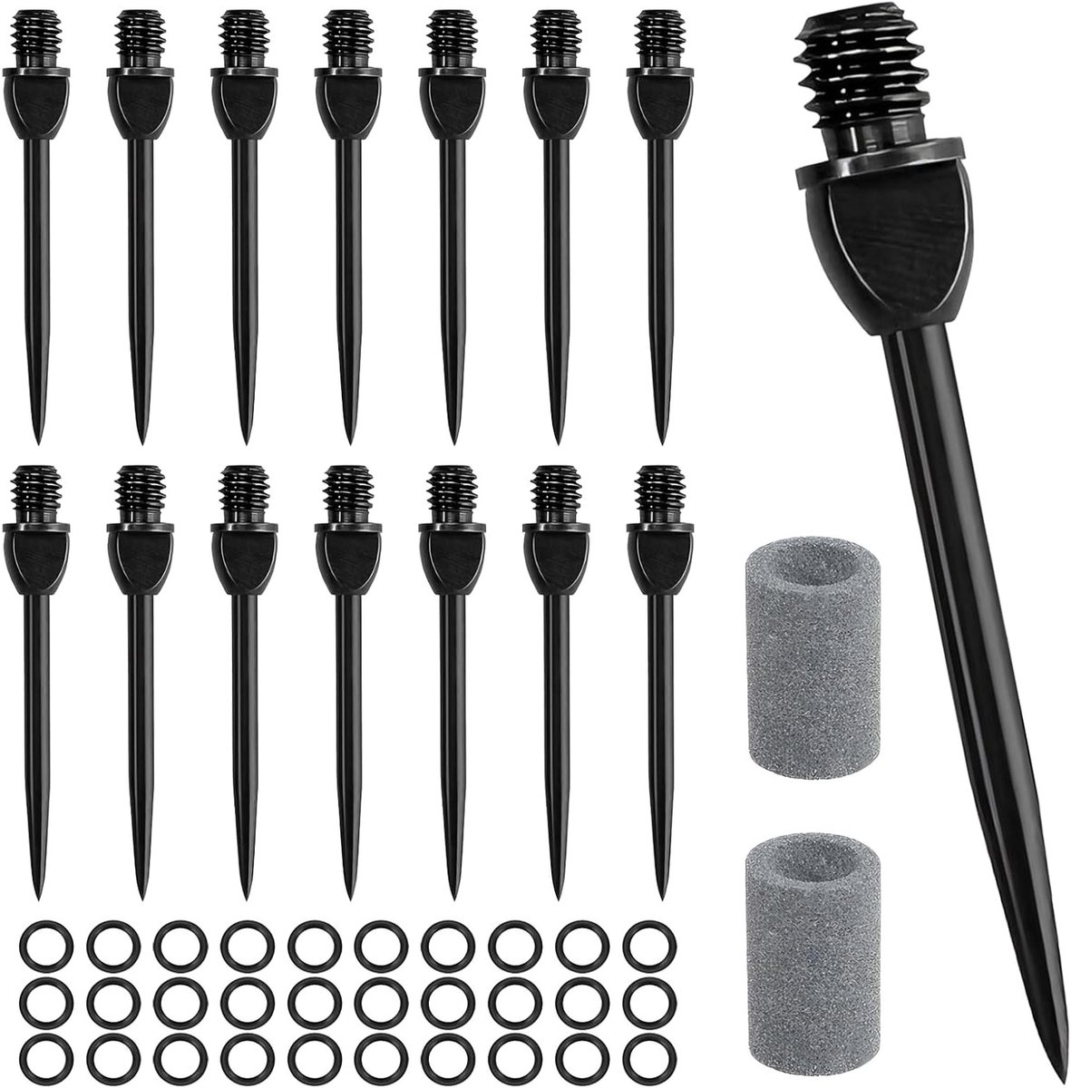 Set van 15 Stalen Dartpunten 2BA met 30 O-Ringen - Converter voor Zachte naar Stalen Darts - Inclusief Slijper - Geschikt voor Standaard Dartvliegers en Toebehoren