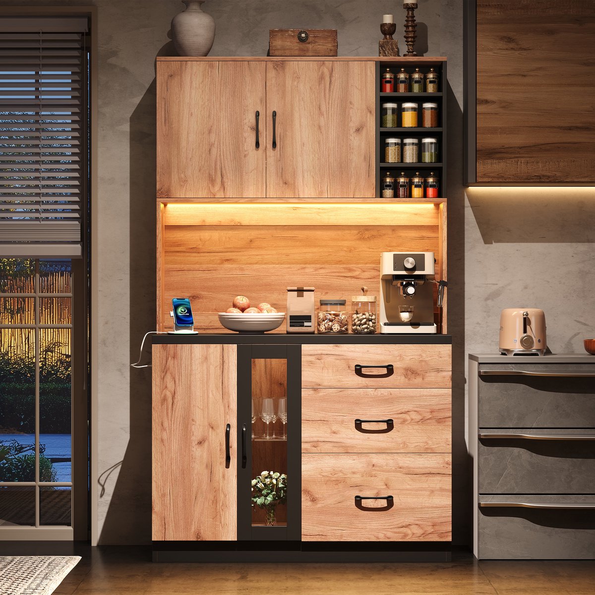 WELLTIN Moderne hoge keukenkast van 105x40x180 cm, zwart met houtlook, LED-verlichting, verstelbare planken en een stopcontact in Europese stijl, geschikt voor keukens, eetkamers, woonkamers - Beige