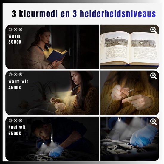 TIM®Nekleeslamp - Leeslampje voor Boek - Neklamp met 3 Lichtstanden - LED Verlicht - 3 Kleuren - Extra Licht - Zwart - 2cm x 20cm x 25cm — afbeelding 4