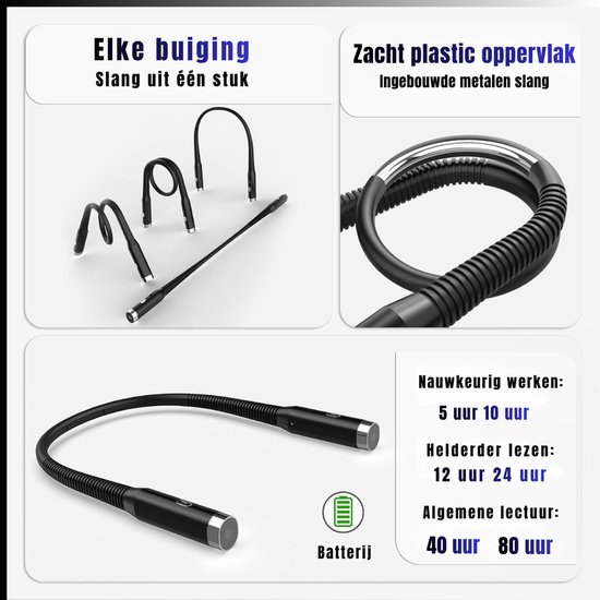 TIM®Nekleeslamp - Leeslampje voor Boek - Neklamp met 3 Lichtstanden - LED Verlicht - 3 Kleuren - Extra Licht - Zwart - 2cm x 20cm x 25cm — afbeelding 5