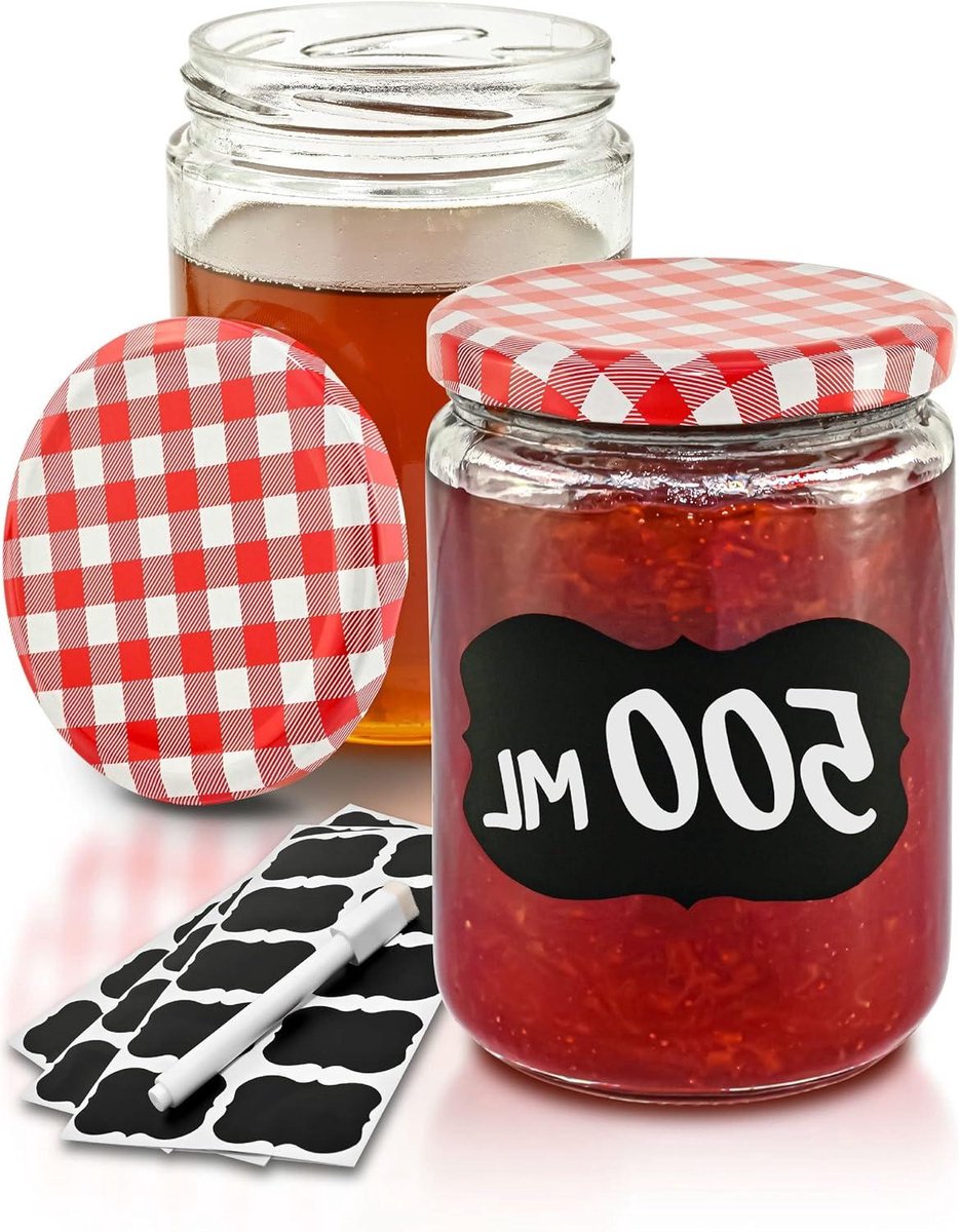 12 inmaakpotten van 500 ml, met schroefdeksel, etiketten, luchtdichte inmaakpotten voor het conserveren