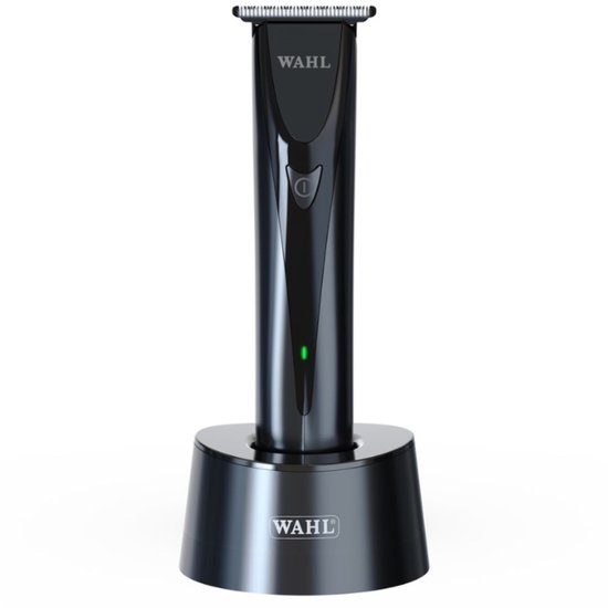Zwarte Wahl ChroMini Duo trimmer in oplaadstation met Wahl logo.