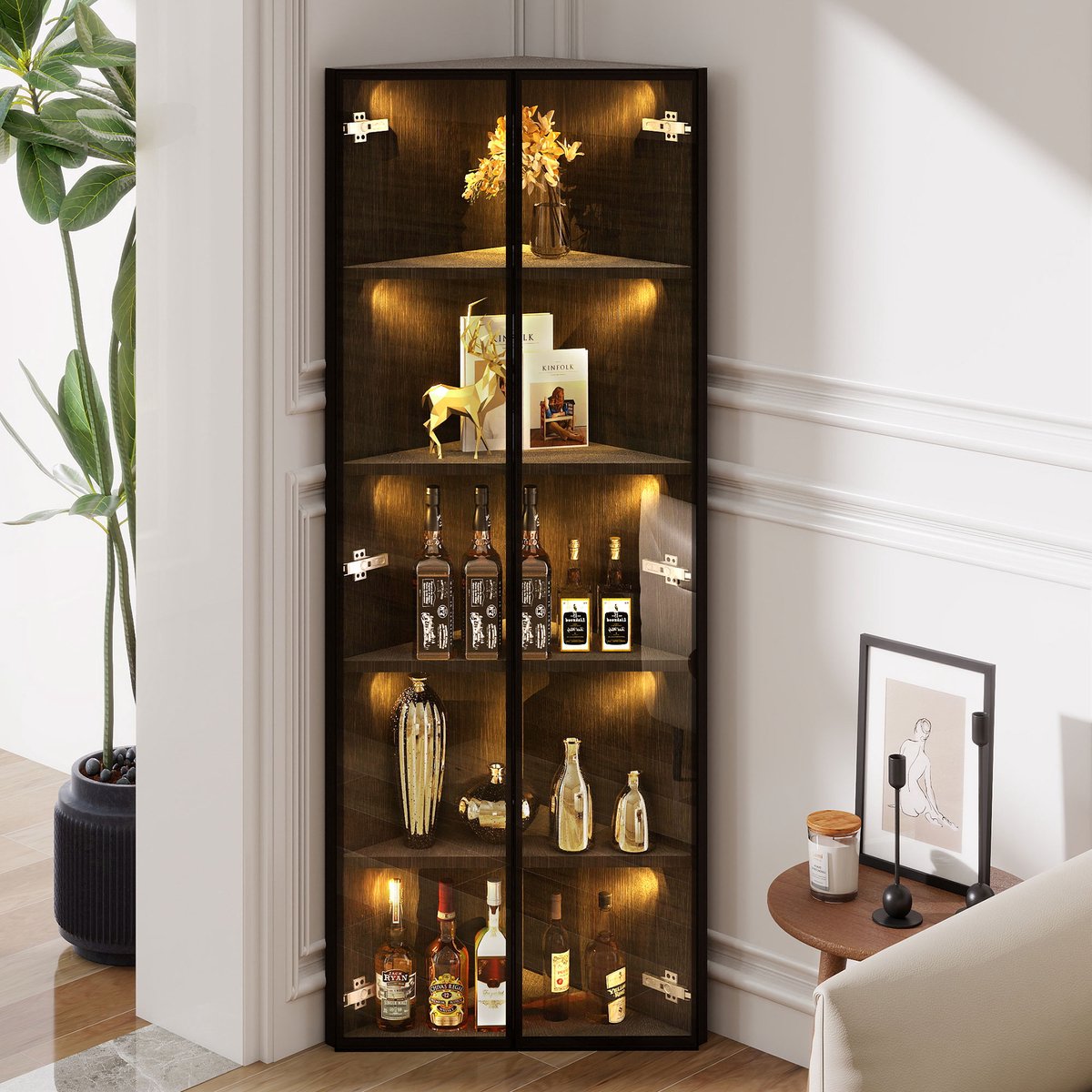 Glazen vitrinekast 62x35x160 cm met LED-verlichting - hoekkast - boekenkast - wijnkast - b