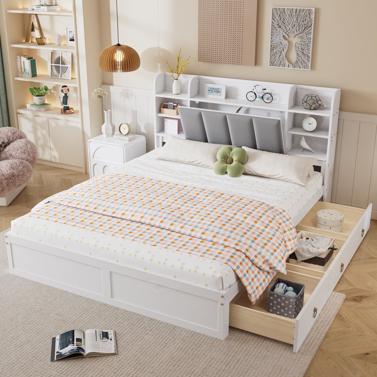 HAUSS SPOLE Tweepersoonsbed 160x200 cm - Met Open Kast, 3 Laden en Opklapvak - Zonder Matras - Hout En MDF - Wit