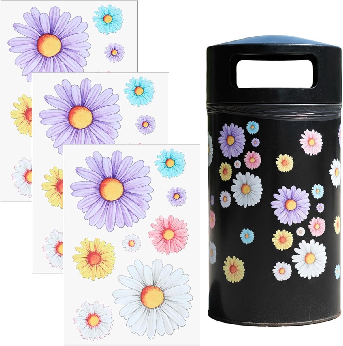Vuilnisemmer bloemenstickers in 4 maten, waterdichte madeliefjes voor koelkasten en wanddecoratie, kleurrijke stickers voor creatief gebruik