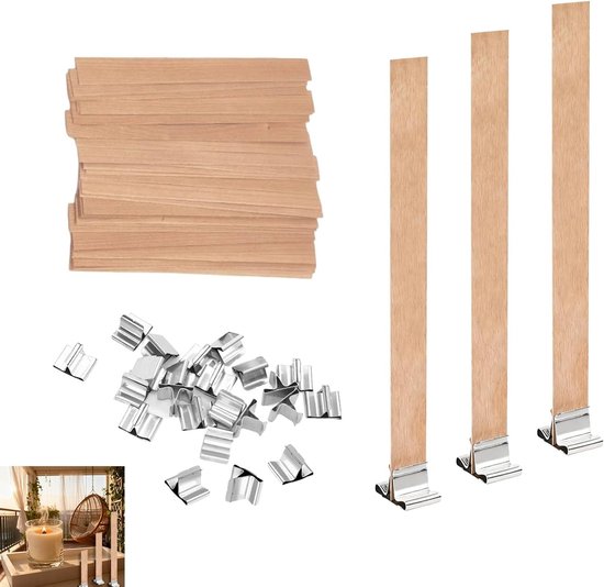 Foto: 60 stuks houten kaarslonten met 30 ijzeren steunen 1 2 x 13 cm duurzaam en geurloos perfect voor diy kaarsen maken en creatieve projecten