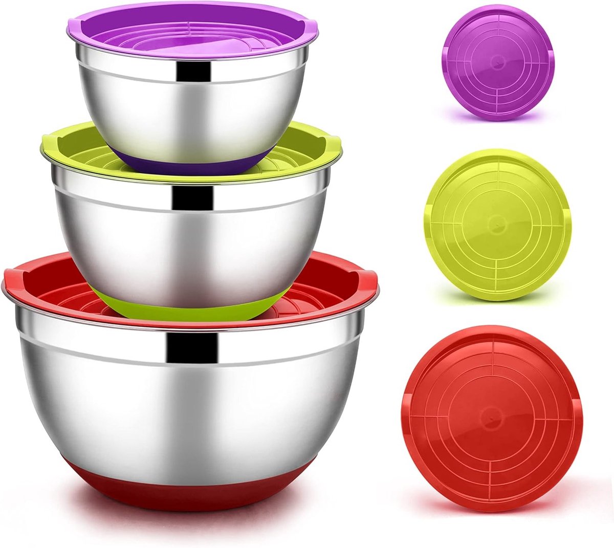 Mixkommen Set van 3, RVS Mengkommen met Luchtdichte Deksel en Antislip Basis, Ideaal voor Salades, Bakken en Koken, Vaatwasserbestendig, Capaciteit 4.6L, 2.8L, 1.2L