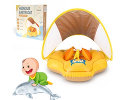 Heinouk® Baby Float met Zonnekap – Baby Zwemband Geel – Veilig Baby Zwemmen – Opblaasbare Zwemring met UV Bescherming