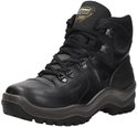 Zwarte leren hoge wandelschoen met vetersluiting, grijs met profiel zool. Grisport & Support system logo's.
