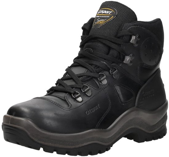 Zwarte leren hoge wandelschoen met vetersluiting, grijs met profiel zool. Grisport & Support system logo's.