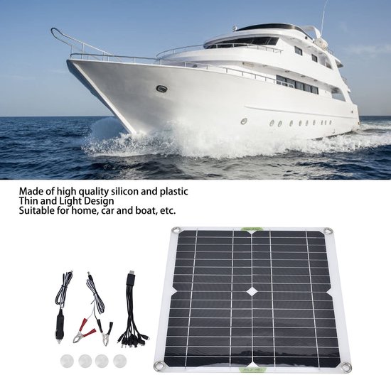 Zwart zonnepaneel met rasterpatroon, bevestigingsringen en groene tape, met accessoires.