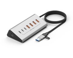 DrPhone PortFlex 7 Poorts USB 3.2 Hub – USB-A & USB-C 10Gbps Data Hub – 1 Meter Kabel – Aluminium