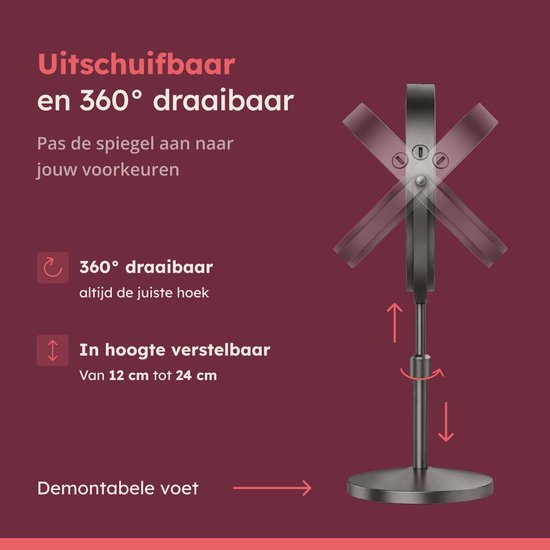 Fraay make-up spiegel, uitschuifbaar en 360 graden draaibaar. In hoogte verstelbaar van 12 cm tot 24 cm. Demontabele voet.