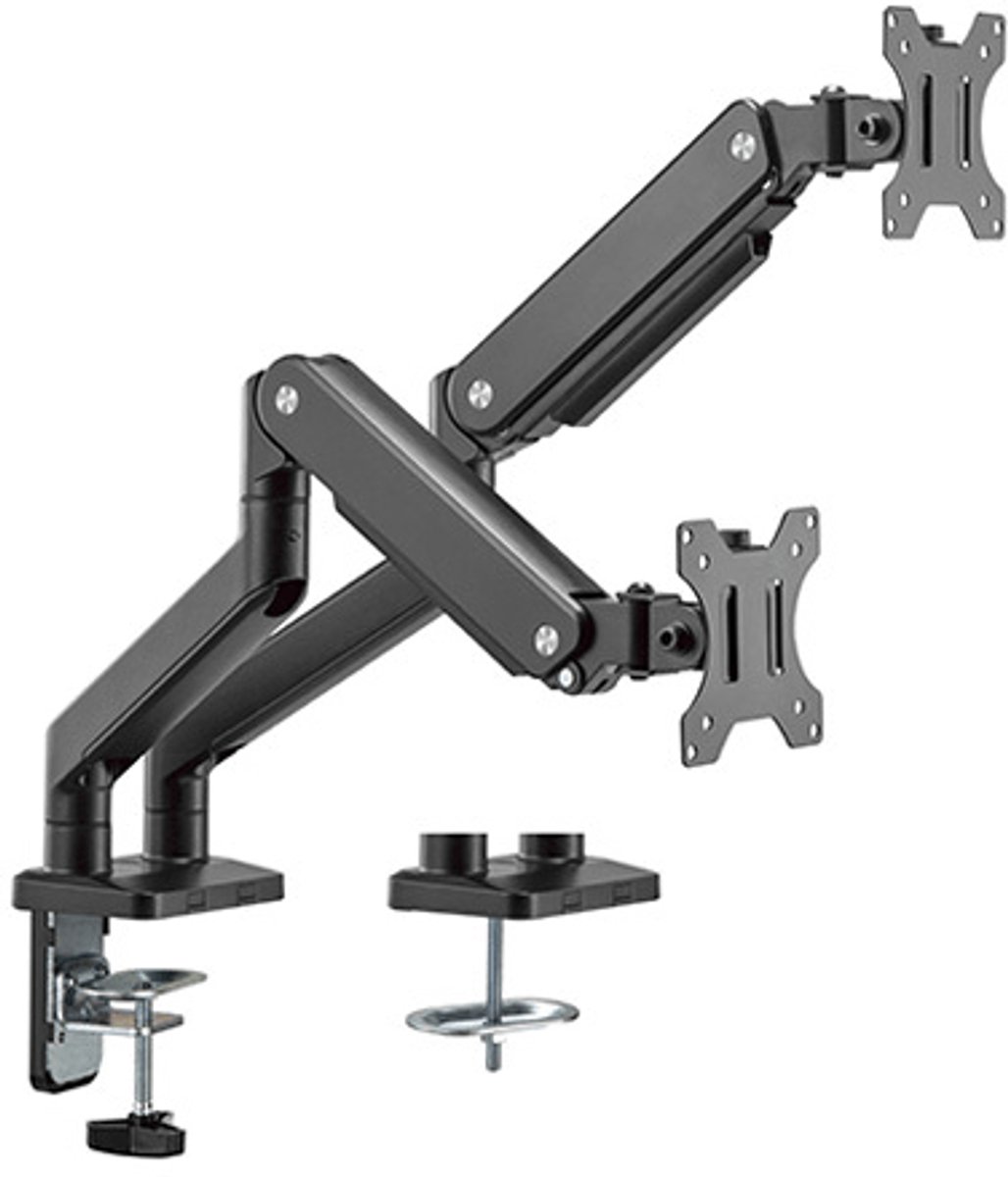 Cavus Monitor Gasveer Arm geschikt voor Twee Dubbele 17 - 32 Inch Schermen t/m 10 Kg - Draaibare en kantelbare gasveer arm met 360° rotatie – Eenvoudige bevestiging - Zwart
