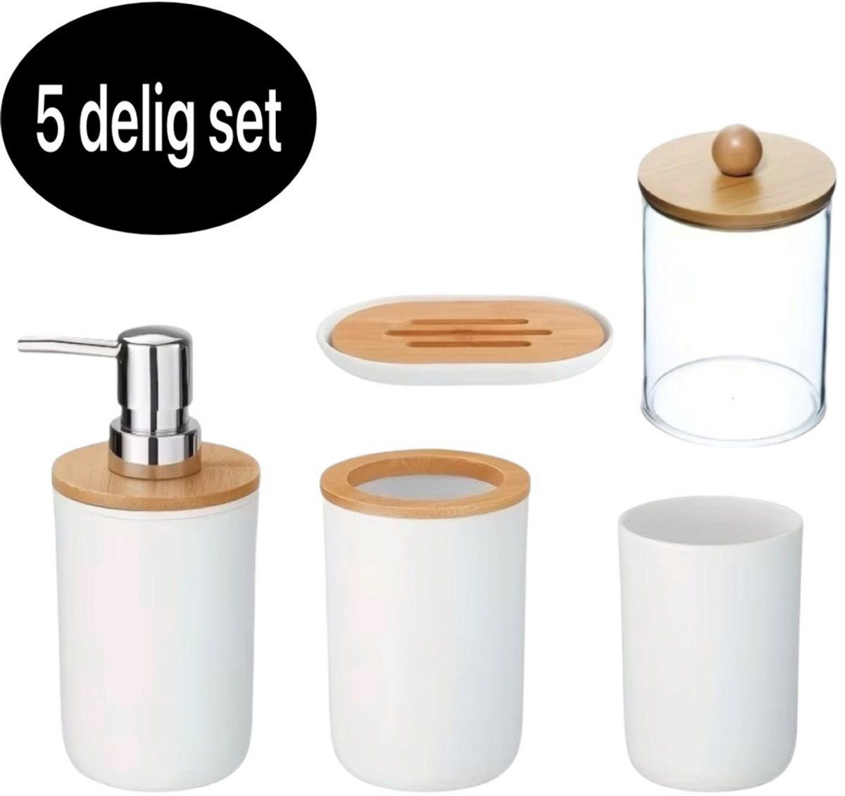 Twenty Two™ Badkamer set | wit | luxe 5-delige badkameraccessoires | tandenborstel houder, beker, zeepdispenser, zeepschaal, wattenstaafjes bakje met houten deksel | badkamerset