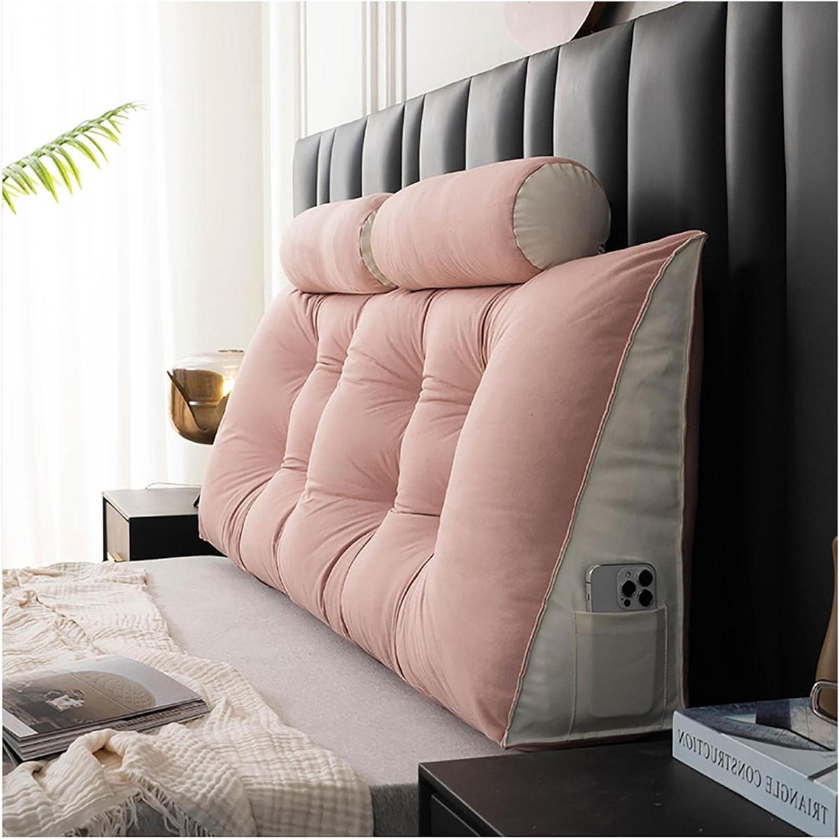 Wigkussen met nekrol - Leeskussen hoofdbord - Comfortabel lezen - Afneembare hoes - 80cm - Roze