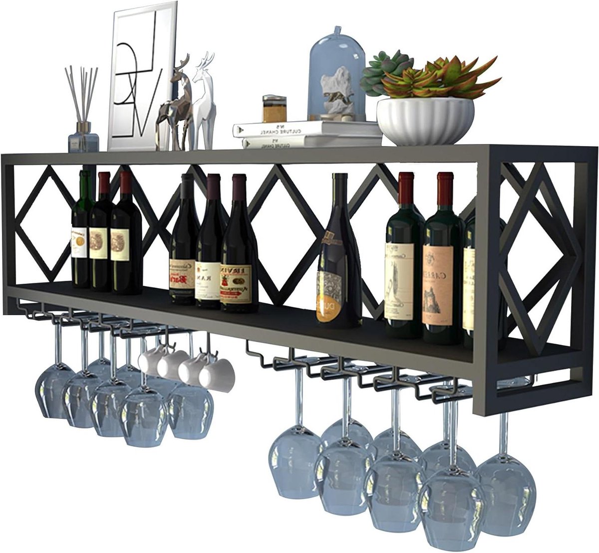 Drijvende Wijnplanken - Drankdisplay Plank - Wijn Opslag - Met Glashouder - Wandmontage - Zwart