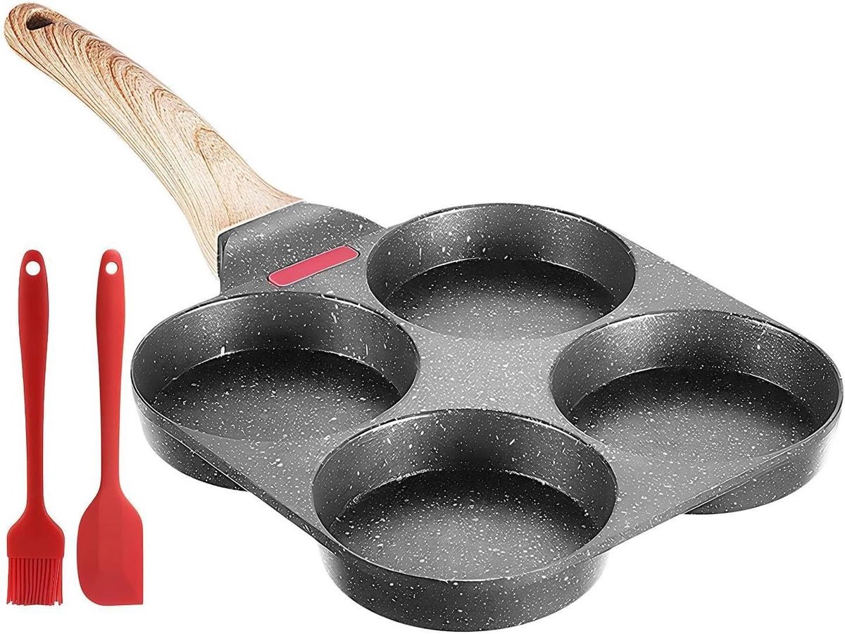 Eierpan met 4 holtes - Pannenkoekenpan Omeletpan - Ontbijt Bereiden - Met temperatuursensor - 18.5x38cm - Zwart