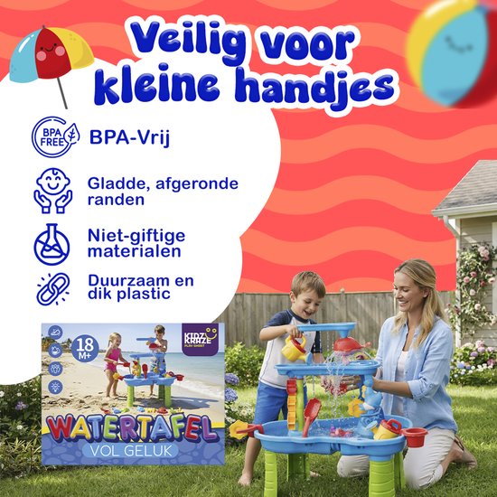 Water speeltafel met blauwe en groene elementen, inclusief accessoires. Een moeder en zoon spelen ermee in de tuin. Tekst: "Veilig voor kleine handjes".