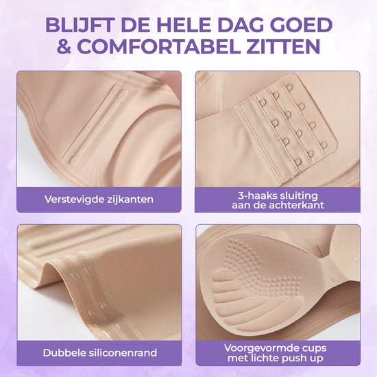 Details van een beige strapless bh: verstevigde zijkanten, 3-haaks sluiting, dubbele siliconenrand en voorgevormde cups.