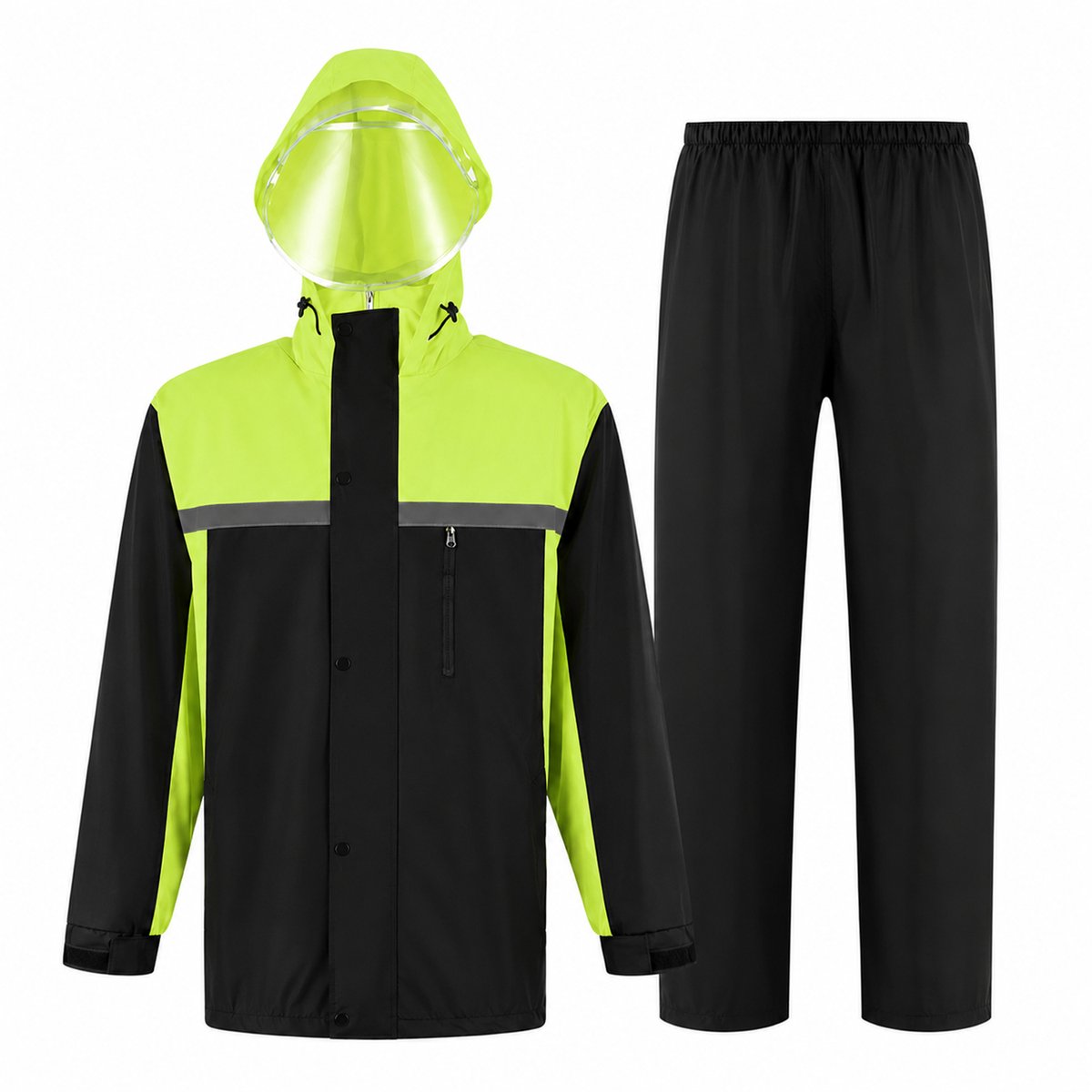 Regenjas - Regen- en sneeuwjas - Unisex - 2-Delig Regenpak - Waterdicht & Ademend - Met Reflecterende Strepen - Afneembare Capuchon + Doorzichtig Vizier - Voor Motor/Fiets/Buitenwerk - Uniseks - Groen+Zwart - 4XL (Valt Klein) - 1 Set