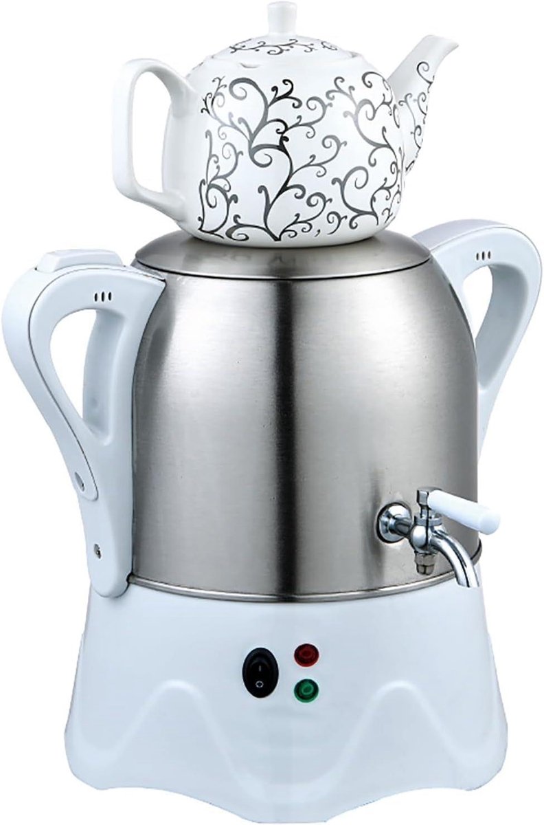 Turkse Theemaker - Samovar Waterkoker - Thee Zetten - Dubbele Pot Systeem - 3L Ketel 1L Theepot - Wit