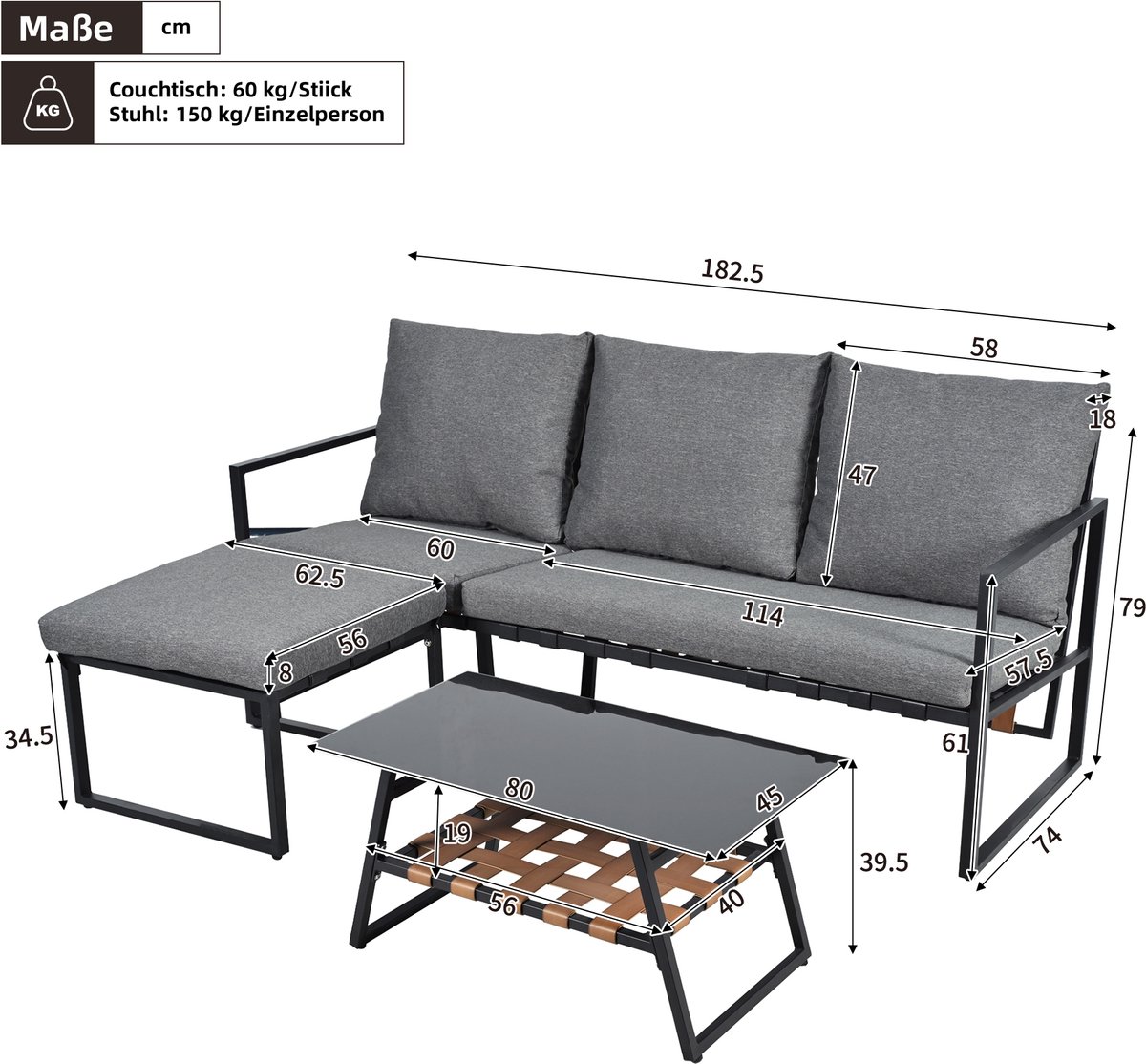 Tuin Hoekset 3-delig Grijs – Lounge Set met Voetenbank & Glazen Tafel – Weerbestendig Tuinmeubel met Kussens – PU Weefsel – foto 5