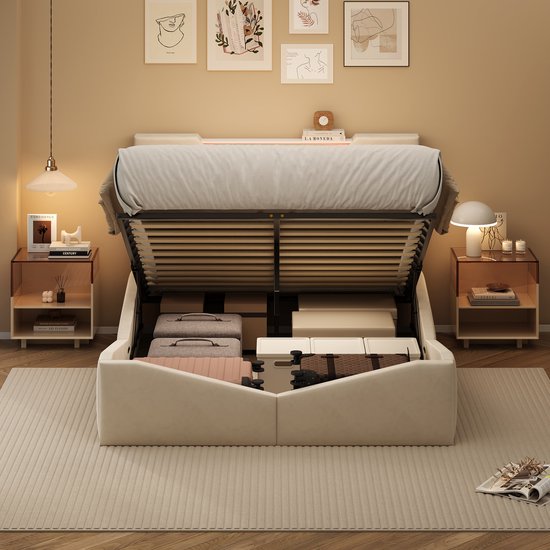 Tweepersoonsbed met gasveren 140x200 cm met verborgen opbergruimte in het hoofdeinde en zachte velours hoes voor uw slaapkamer, beige