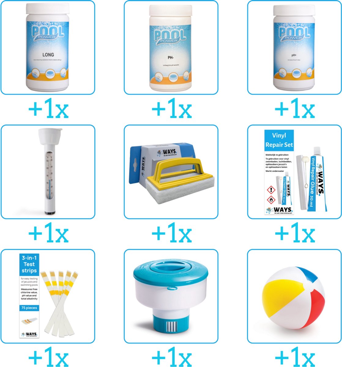 Zwembad Onderhoudspakket - Onderhoud Zwembad - bevat Chloor - PH-min - PH-plus - Thermometer - Scrubborstel - Reparatiesetje - Testrips - Chloordrijver en Strandbal (9-delig)