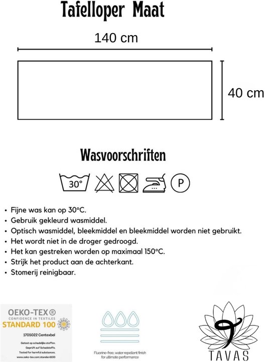 Afmetingen 140 cm bij 40 cm, met wasinstructies en logo's voor 30°C wassen en strijken.