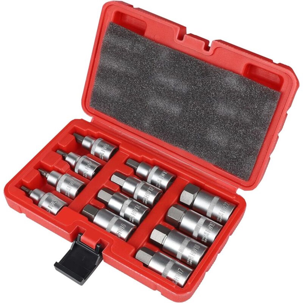 Een set van 12 zeskantdoppen van 1/2 inch (12,75 mm) met de afmetingen 5, 6, 7, 8, 10, 12, 14, 16, 17, 18, 19 en 22 mm, inclusief een plastic opbergdoos.