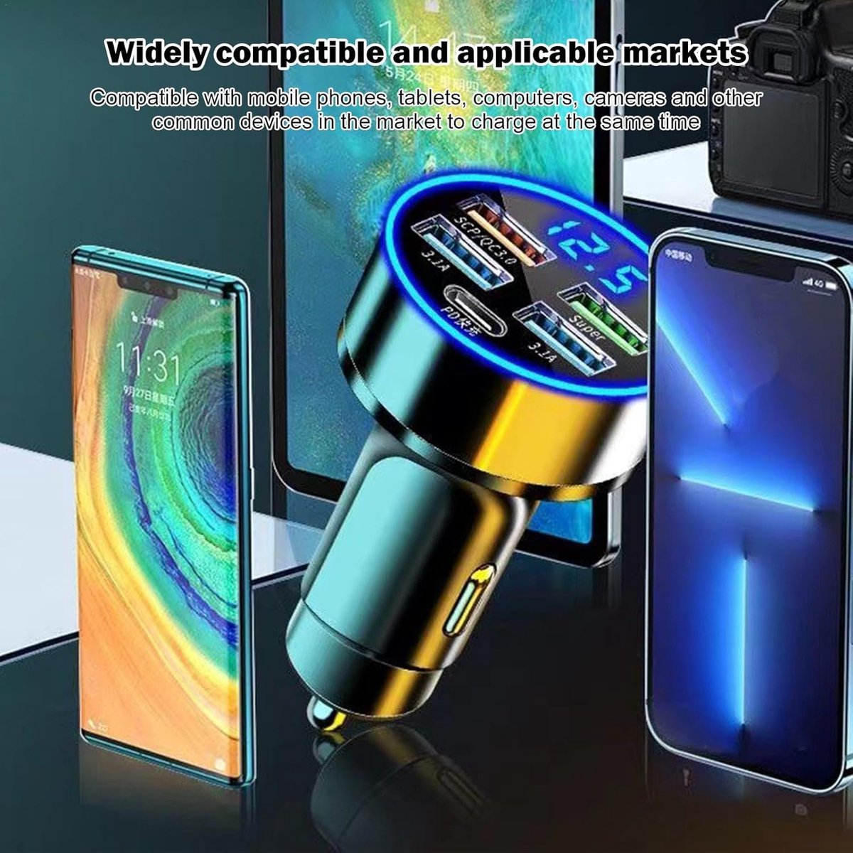 Auto Oplader - USB C Lader - Onderweg Opladen - Snelladen Tot 60% - 5 Poorten - Zwart – foto 3