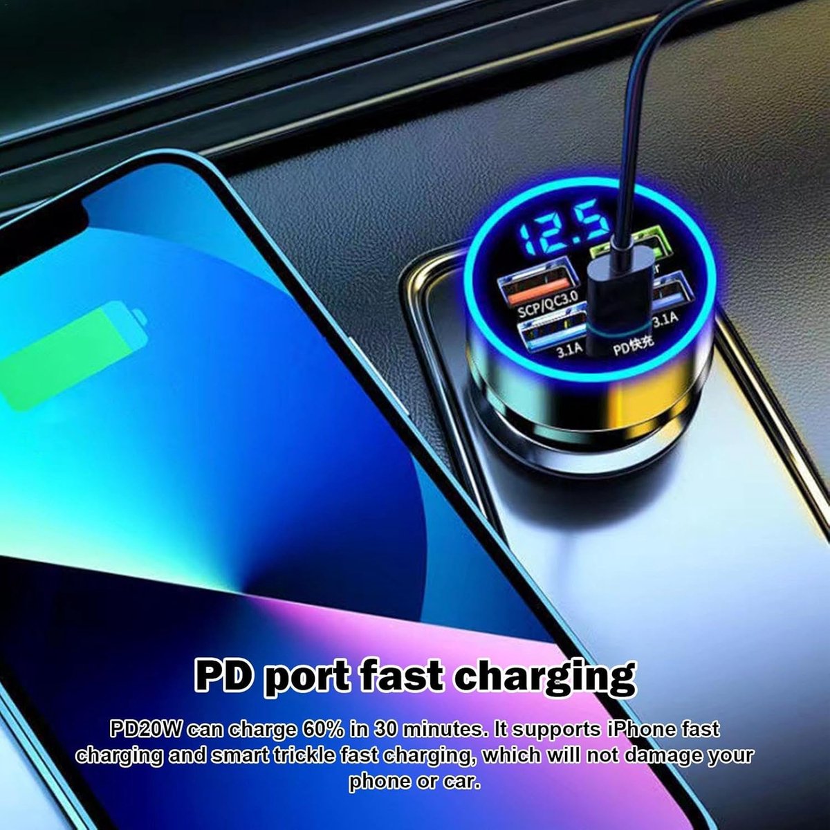 Auto Oplader - USB C Lader - Onderweg Opladen - Snelladen Tot 60% - 5 Poorten - Zwart – foto 5