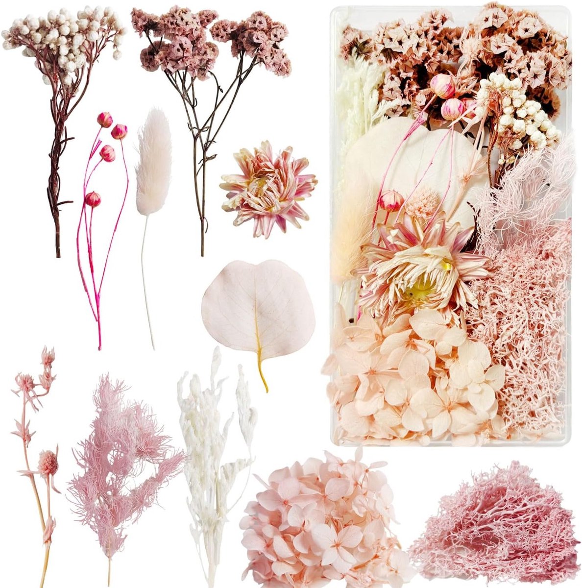 Natuurlijke Gedroogde Bloemen en Bladeren voor DIY Decoratie, Perfect voor Craft Projecten en Interieur Styling (Roze)