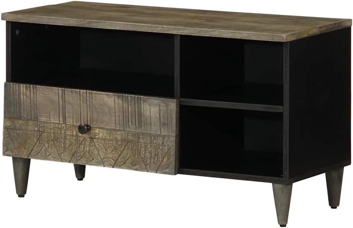 Tv-kast Massief Hout - Multimedia Meubel - Woonkamer Inrichting - Handgesneden Patroon - 80 cm Breed - Bruin