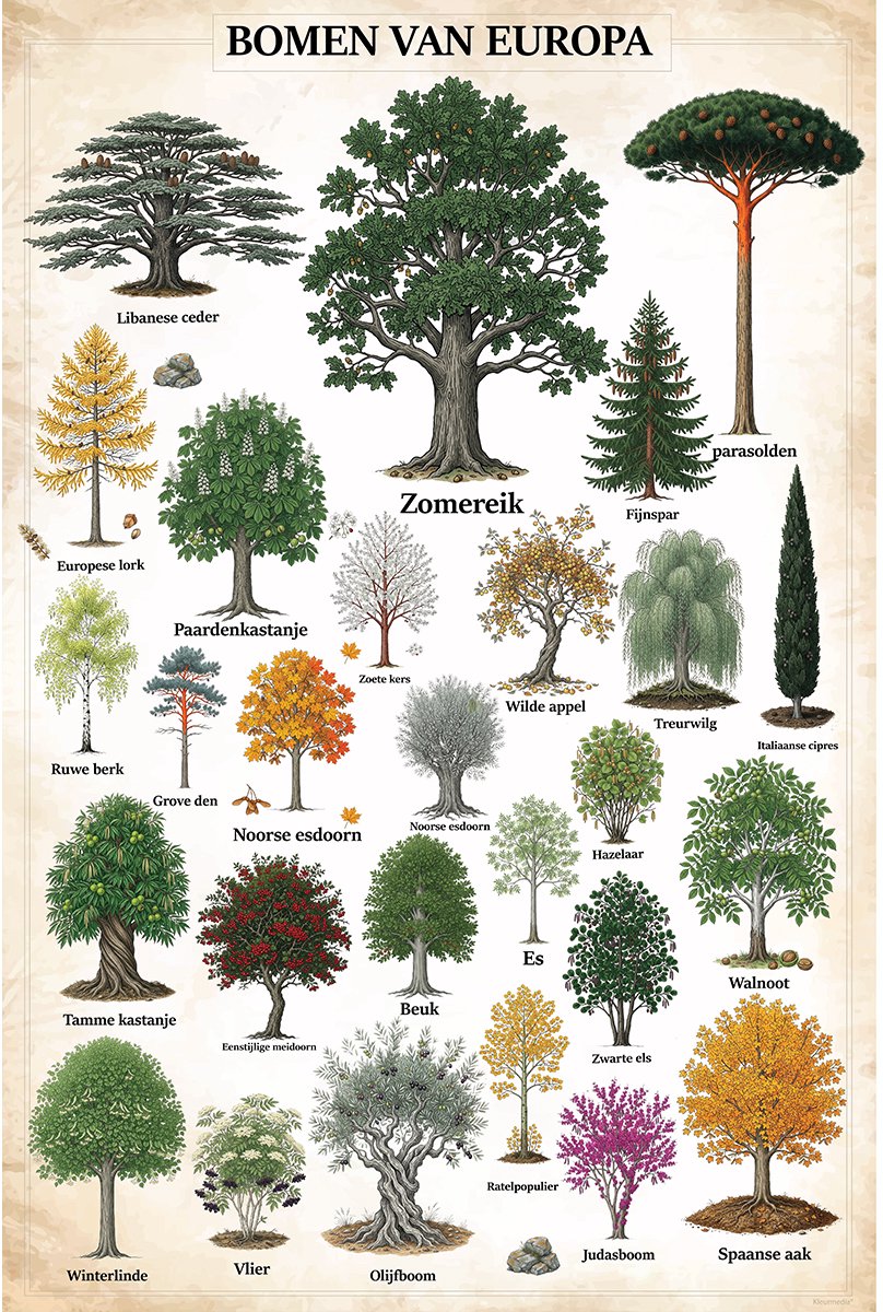 Kleurmedia Vintage Poster Bomen van Europa - 61 x 91,5 cm - Kleurmedia® Retro Botanische Collectie 2026 - Posters met Nederlandse Benamingen A1