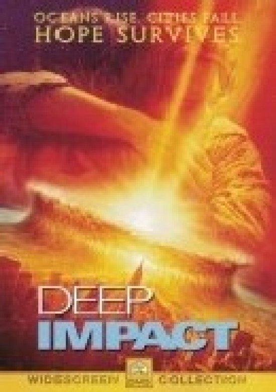 Filmcover van Deep Impact met een komeet die op de aarde inslaat, met de tekst "Oceans Rise. Cities Fall. Hope Survives."
