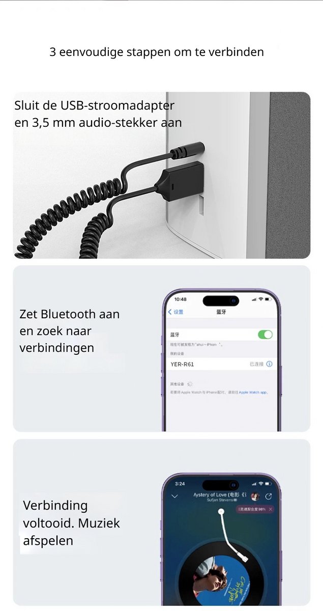 DrPhone CarLink Bluetooth 5.4 AUX Ontvanger - USB naar 3.5mm Jack Audio Adapter voor Auto en Speaker van DrPhone — afbeelding 4