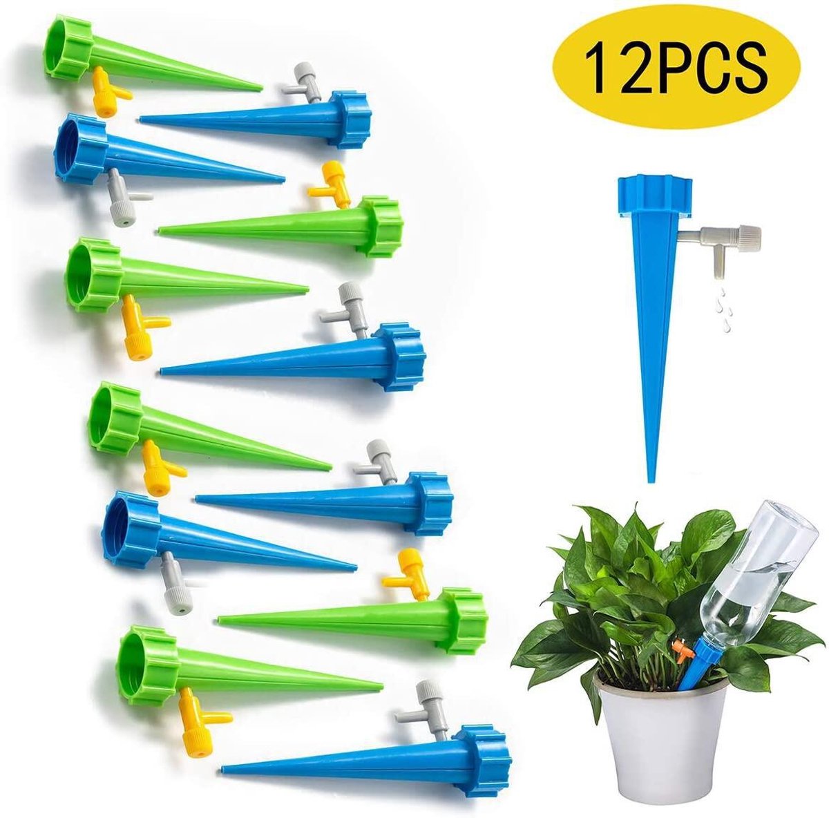 12stuks- Automatisch druppelirrigatiesysteem - gieter - regelbare waterstroom - tuinaccessoire - geschikt voor binnen- en buitenplanten - blauw - groen - 15,5 cm