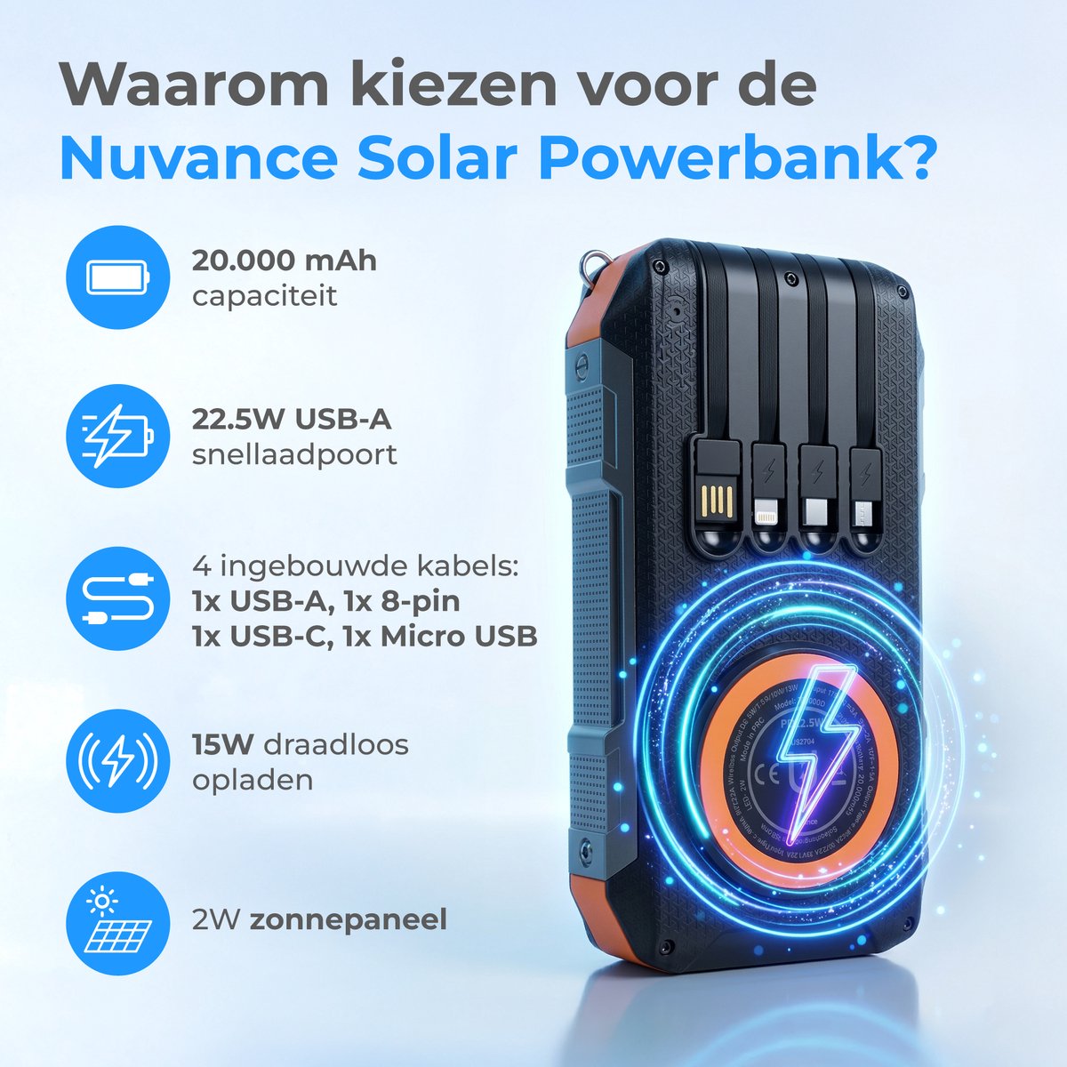 TLS Commerce Nuvance Solar Powerbank 20000mAh Draadloos 15W - afbeelding 2