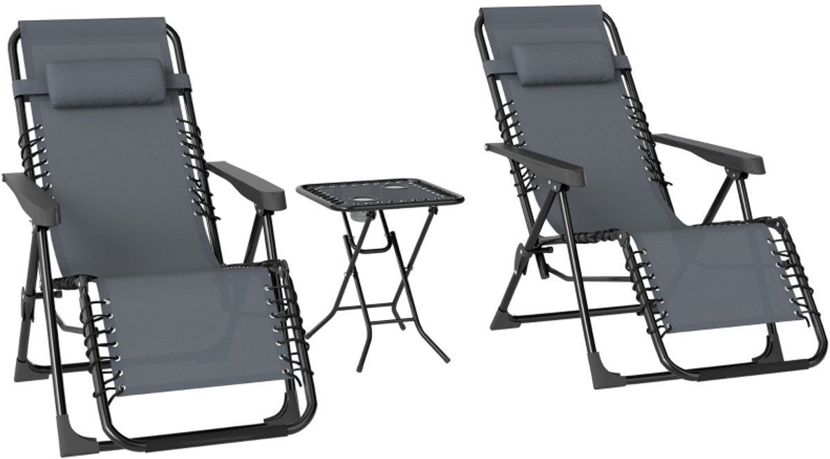 Opklapbare tuinstoel - Tuinloungestoel - Tweedelige set - Bijzettafel met 2 bekerhouders - Campingstoel - Tuinstoel - Verstelbaar en opklapbaar - Inclusief hoofdsteun