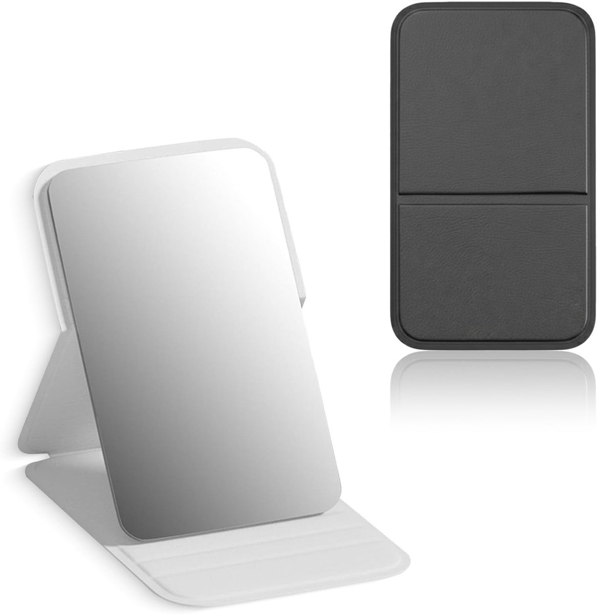 Set van 2 Opvouwbare Reismirrors met PU Leer, Mini Draagbare Spiegels voor Kamperen en Reizen, Veilig en Duurzaam, Zwart en Wit