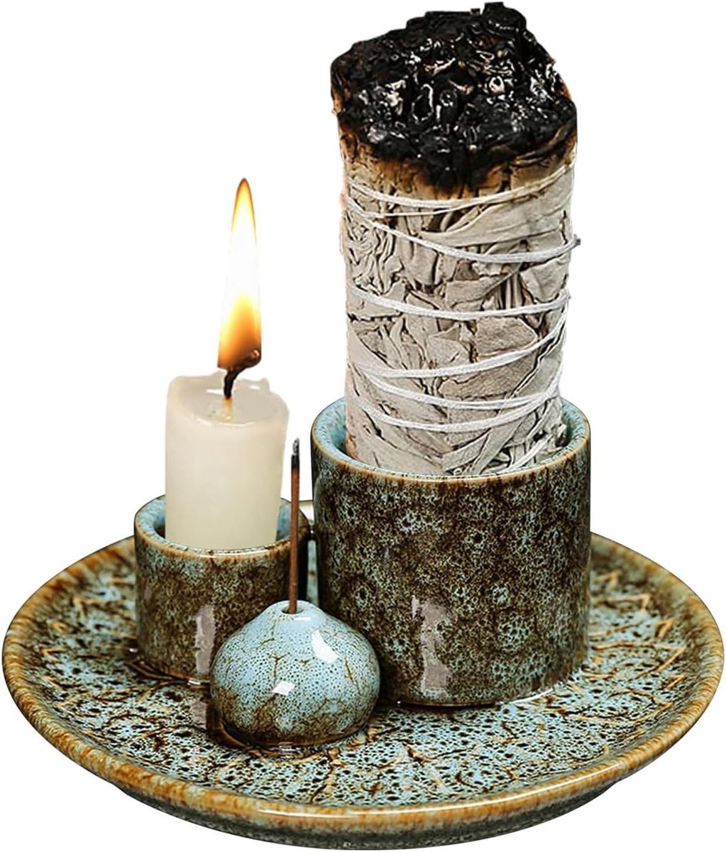 Handgemaakte keramische wierookkom set voor wierookstokjes, Palo Santo en witte salie, asopvangtray voor meditatie en yoga