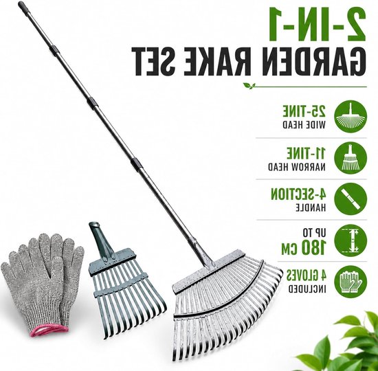 Bladhark met 25+11 Tanden en Verstelbare Handgreep voor Efficiënt Bladeren Harken, Inclusief 4 Tuinhandschoenen en Geschikt voor Gazon en Tuinonderhoud — afbeelding 5