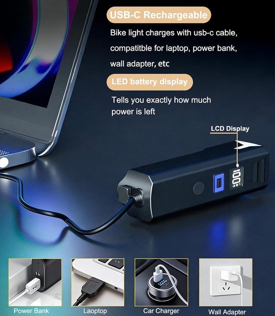 Fietslamp - Fietsverlichting Oplaadbaar - LED Fiets Voorlicht USB - Koplamp Fiets met Batterijdisplay - Nacht Sensor - IPX4 - 1500 mAh — afbeelding 4